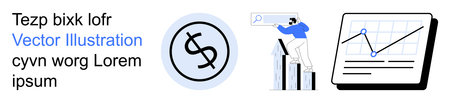 Finance, business growth, analytics, progress tracking, data visualization, web search. Dollar symbol, man climbing bar graph chart with growth trend. Finance and business growth conceptのイラスト素材