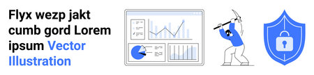 Data analysis graphs, hacker with pickaxe targeting data, and lock on shield representing cybersecurity defense. Ideal for business strategy, technology, online security, data protection, educationのイラスト素材