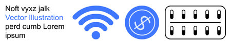 Communication, digital economy, healthcare, online transactions, connectivity, and pharmaceutical solutions. wireless icon, currency symbol and pill pack. Communication and digital economy conceptsのイラスト素材