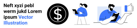 Financial planning, business analysis, digital tools, online management, teamwork, and decision-making. Dollar symbol with man and woman using tablets. Financial planning and business analysisのイラスト素材