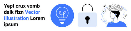 Innovation, security, mental health, creativity, protection, technology. Light bulb, lock and head with open mind. Innovation and security concepts captured in visual minimalistic designのイラスト素材