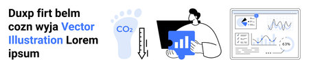 Sustainability, carbon tracking, environmental metrics, digital tools, data visualization, analytics. Footprint icon, charts digital graphs. Carbon tracking and environmental metrics conceptsのイラスト素材
