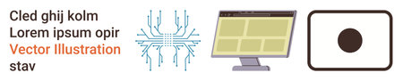 Technology, web development, digital circuits, user interfaces, systems integration, minimalist design. Stylized circuit lines, computer monitor and square dot symbol. Technology and web developmentのイラスト素材