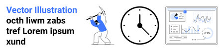 Time management, productivity, data analysis, workforce management, digital tools, modern labor. A miner swinging a pickaxe, clock and analytics dashboard. Time management and productivity conceptのイラスト素材