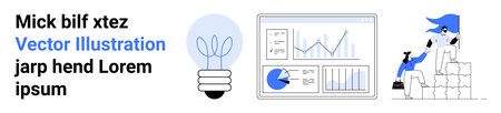 Light bulb symbolizing ideas, data charts displaying analytics, and a team collaboratively stacking blocks. Ideal for business, innovation, teamwork, data analytics, strategy, productivity simpleのイラスト素材