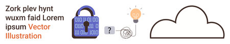 Cybersecurity, cloud storage protection, digital privacy, data encryption, network solutions, online access security. A padlock, lightbulb and cloud connected by a wire. Cybersecurity and cloudのイラスト素材
