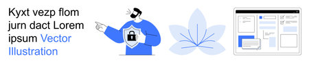 Cybersecurity, online privacy, technology, digital security, data protection, software UI. Person holding a shield icon, floral graphic and web interface layout. Cybersecurity and online privacyのイラスト素材