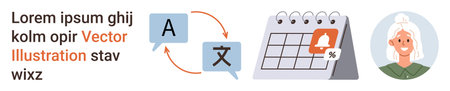 Global communication, planning, notification systems, language learning, user interfaces, remote tools. Speech bubbles with translation icons, calendar with alert and avatar. Global communicationのイラスト素材