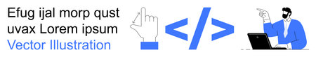 Web development, coding, software training, user interface design, technology, learning. Blue HTML code symbol with pointing hand and developer seated at laptop. Web development and coding conceptのイラスト素材