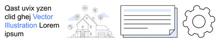 Smart home, technology integration, IoT, home automation, digital organization, system settings. Connected house with icons, document gear symbol. Smart home and technology integration conceptのイラスト素材