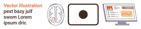 Brain research, data analytics, medical studies, focus measurement, science education, technology concepts. Brain scan, centered focus point and a data dashboard on a monitor. Brain researchのイラスト素材