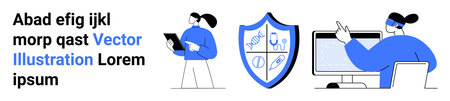 Cybersecurity, data protection, online communication, technology, healthcare, remote work. Person with clipboard, shield icon with tools professional at computer screen. Cybersecurity and dataのイラスト素材