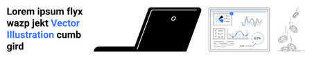 Data analysis, technology, digital reporting, visual communication, market trends, online tools. A laptop next to charts and graphs. Technology and data analysis conceptのイラスト素材