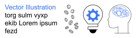 Finance, innovation, productivity, creativity, brainstorming, problem-solving. Coin flow, light bulb with gear brain with neural activity. Finance and innovation conceptのイラスト素材