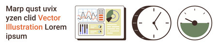 Data management, time tracking, efficiency analysis, reporting tools, business metrics, performance monitoring. Dashboard with charts, clocks and a gauge. Data management and time tracking conceptのイラスト素材