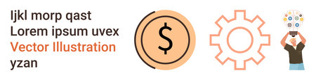Financial management, innovation, business strategy, creative thinking, technology, problem-solving. A dollar symbol, a gear icon and a figure holding light bulbs. Finance and innovationのイラスト素材
