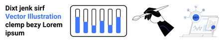 Bar chart with growing bars, hand painting with brush, and digital analysis on monitor highlight creativity, progress, and analytics. Ideal for design, marketing, data presentation, strategyのイラスト素材