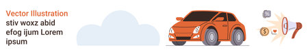 Automotive design, financial planning, car insurance, vehicle maintenance, eco-friendly transport, travel. Image of an orange car, cloud dollar sign and car key. Automotive design and financialのイラスト素材