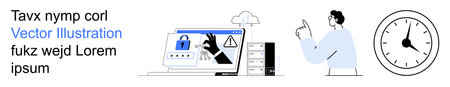 Cybersecurity, data privacy, cloud storage, digital monitoring, IT security, server management. A computer screen with a padlock and warning sign, a pointing person and a clock. Cybersecurityのイラスト素材