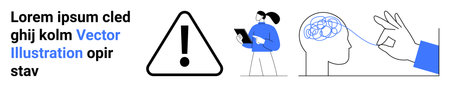 Health awareness, alert notifications, mental care, medical consulting, decision making, diagnostics. Warning triangle, human head with brain professional holding tablet. Health awareness and alertのイラスト素材