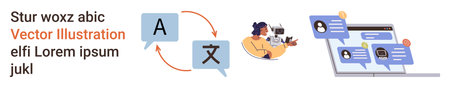 Language services, communication technology, translation tools, global connections, multilingual platforms, digital collaboration. Diagram with letters, person using devices, and speech bubblesのイラスト素材