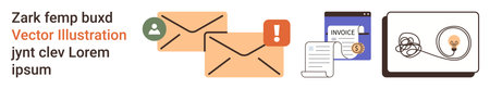 Communication, notification, finance, creativity, organization, digital workflow. Envelopes with alerts, a digital invoice and a creative desk setup. Communication and finance creativelyのイラスト素材