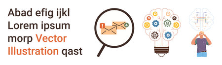 Email security, digital brainstorming, innovative ideas, teamwork, artificial intelligence, problem-solving. Visual elements include a magnifying glass over emails, a creative light bulbのイラスト素材