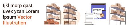 Logistics, inventory control, e-commerce, business operations, supply management, billing systems. Shelves with boxes and invoice document. Logistics and inventory control themeのイラスト素材