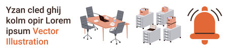Office productivity, team collaboration, work environment, organization tools, digital alerts, modern workspace. An office setup with desks and notification symbol. Office productivity and teamのイラスト素材