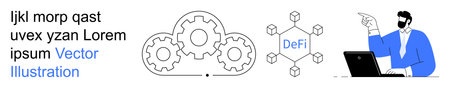 Blockchain, decentralized finance, technology innovation, digital transactions, software development, and business workflow. Gears, blockchain nodes, and a person interacting with a laptopのイラスト素材