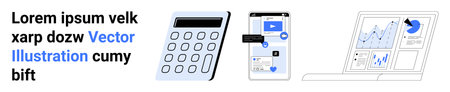Financial analysis, technology, communication, digital marketing, business tools, data visualization. Calculator, smartphone with app icons laptop with analytical charts. Financial analysisのイラスト素材