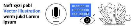 Audio recording, digital security, surveillance, nature, technology, coding. Microphone, eye with binary code and flowers in minimalist icons. Audio recording and digital securityのイラスト素材