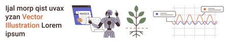 Artificial intelligence, automation, technology development, financial management, sustainability, data visualization. Robot interacting with invoice, plant and data graph. Artificial intelligenceのイラスト素材