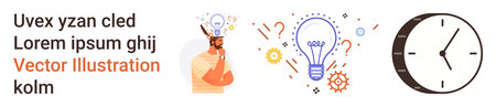 Innovation, decision-making, productivity, brainstorming, time management, problem-solving. Man thinking, light bulb clock illustration. Innovation and decision-making conceptsのイラスト素材