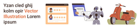 Online business, automation, delivery, payment solutions, trust, technology development. User reviews, invoice robot scooter. Online business and automation concepts emphasizing trustのイラスト素材