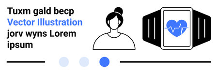 Female avatar next to smartwatch showing heart rate on screen. Ideal for health tracking, fitness,...