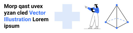 Geometric , a woman pointing with a notebook, and a 3D triangular structure. Ideal for education,...