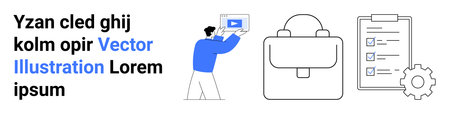 Man presenting digital content, briefcase symbolizing work, checklist for task tracking, and gear...