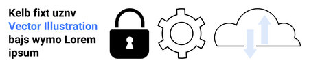 Black lock, gear, and cloud with arrows for secure data transfer, privacy, and technology...