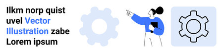 Female character pointing at gear icons, portraying technology, innovation, systems, strategy,...