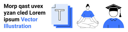 Education, mindfulness, e-learning, mental well-being, achievement, focus. Student meditating, text...
