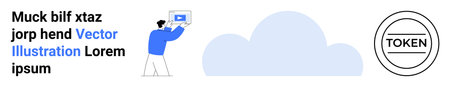 Person working on laptop near cloud graphic and token icon, symbolizing data upload, cloud...