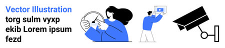Woman examining a diagram, man holding a video streaming monitor, and a security camera for...