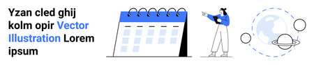 Spiral calendar with marked dates, a person presenting with gestures, and orbiting planetary...