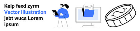 Business solutions, digital organization, finance, technology, data management, investments. Woman...