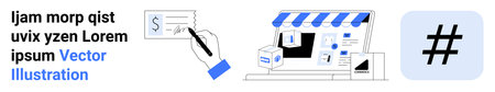 Hand writing check, storefront with packages, and metadata tag symbol. Ideal for e-commerce,...