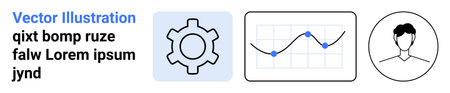 Gear icon for settings, analytics chart showcasing data trends, and user profile outline. Ideal for...