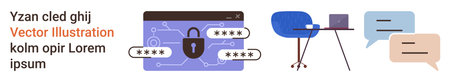 Cybersecurity, data encryption, online communication, messaging, workspace setup, technology. Secure...