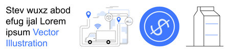 Logistics, e-commerce, digital payment, delivery services, retail, packaging. Truck with location...