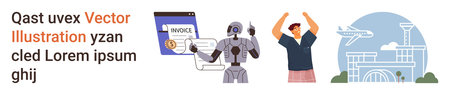 Automation, technology integration, remote work, digital economy, modern travel, AI systems. Robot...